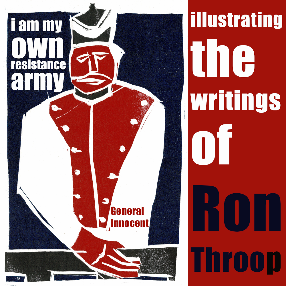 Army. Illustrating the writings of Ron Throop. Woodcut print by Edgeworth Johnstone.